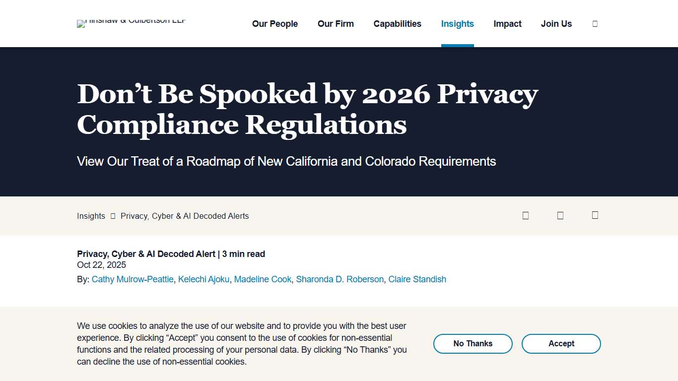 Don't be Spooked by 2026 Privacy Compliance Regulations. View Our Treat of a Roadmap of New California and Colorado Requirements Hinshaw & Culbertson LLP